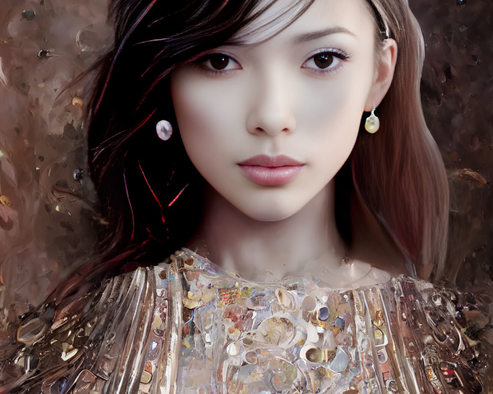 Portrait of Woman in Golden Embellished Dress on Warm Textured Background