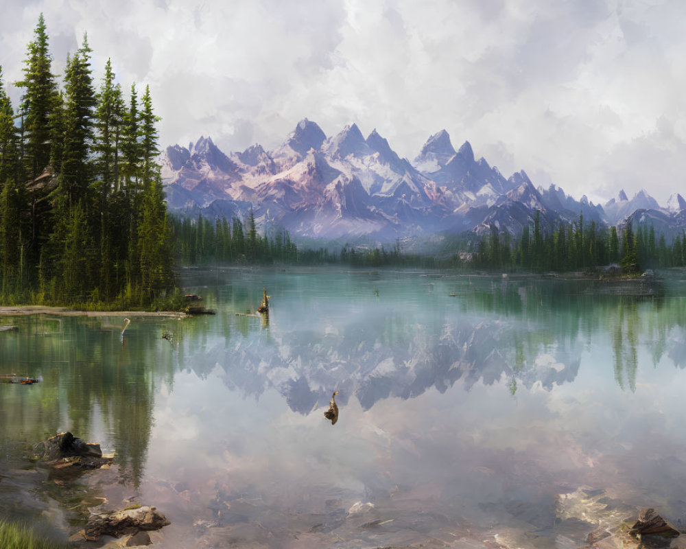 Tranquil landscape with reflective lake, pine trees, and mountains under cloudy sky