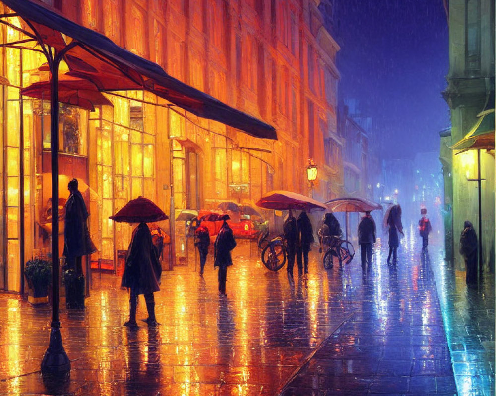 Colorful night cityscape with glowing storefronts, pedestrians carrying umbrellas, rain-soaked streets,