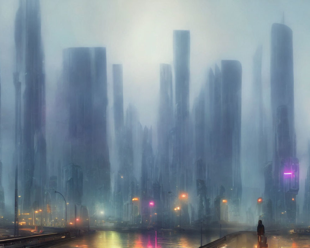 Figure on misty futuristic city bridge with skyscrapers & neon signs