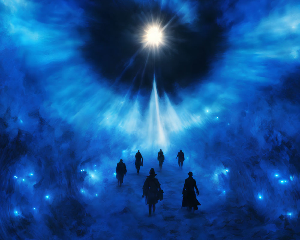 Silhouetted figures near luminous starburst in mystical icy landscape