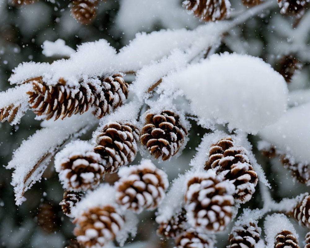 Snow-covered pine cones in gentle snowfall.