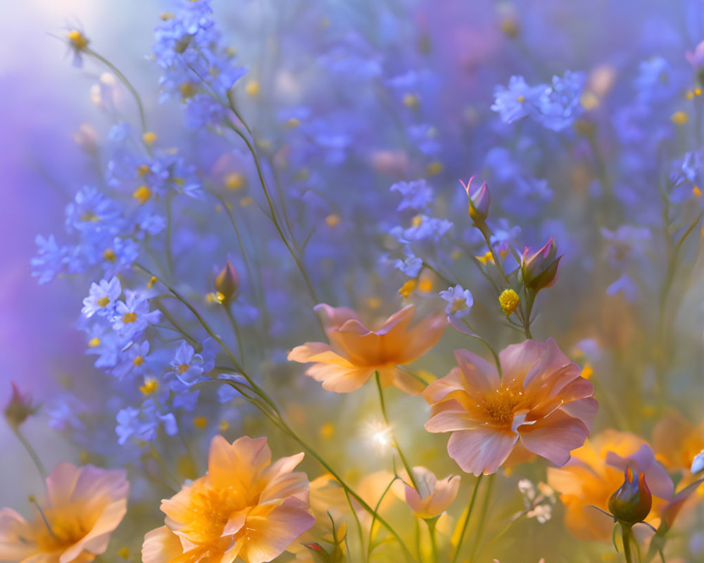 Colorful Garden with Orange and Blue Flowers in Soft Sunlight