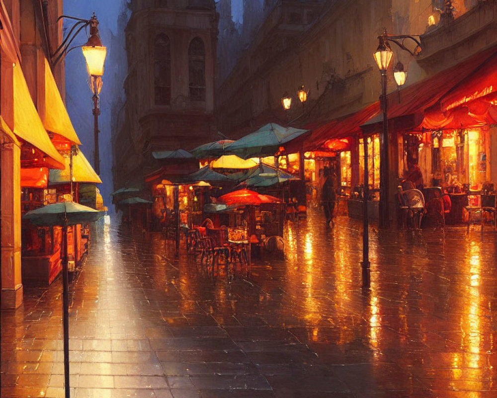 Dusk scene: Rain-soaked street with lit lamps and outdoor café umbrellas