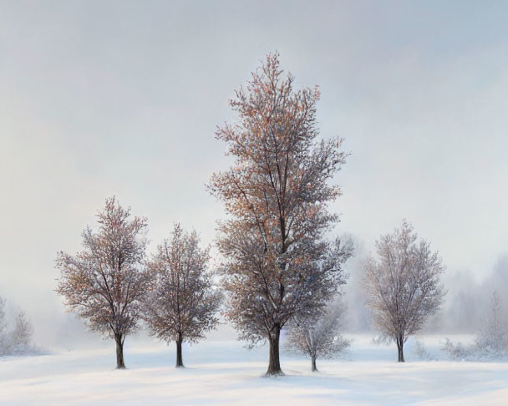 Foggy winter landscape with autumn trees in snow