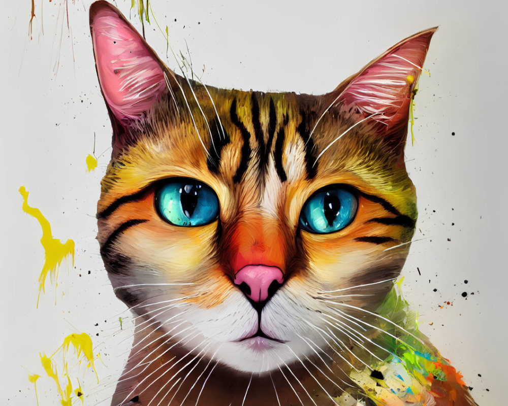 Vibrant Cat Portrait with Blue Eyes on White Background