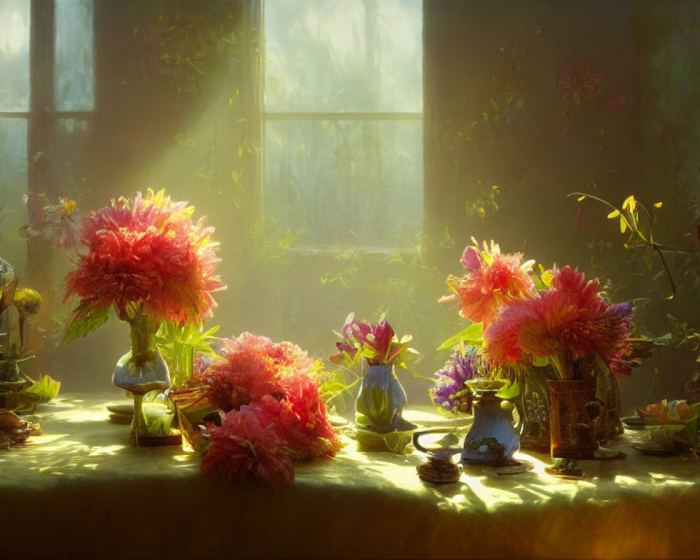 Bright sunlight illuminates vibrant flowers on a table, creating a serene atmosphere