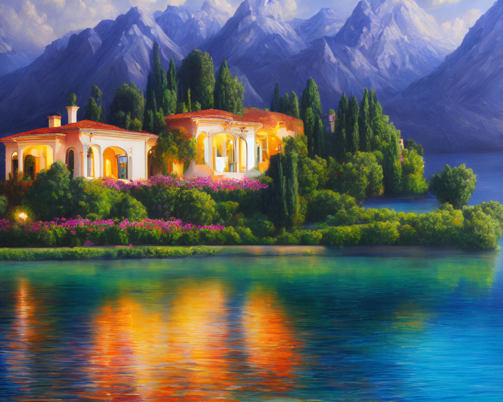 Scenic painting of elegant villa by tranquil lake at sunset