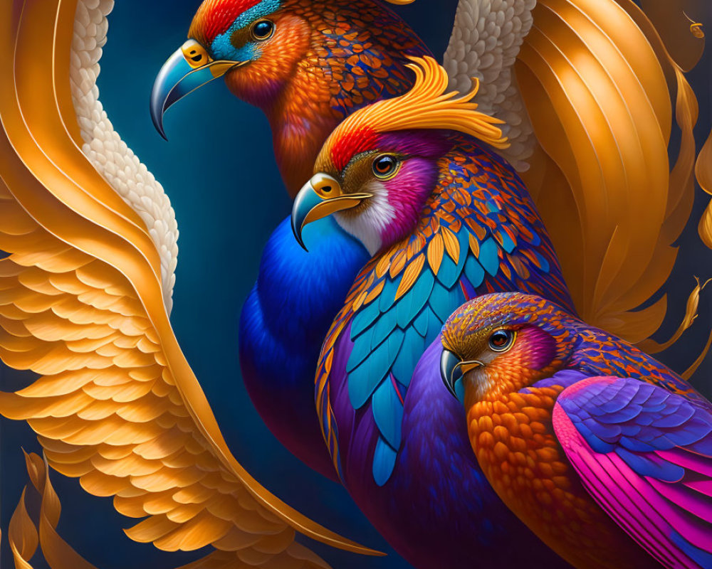 Colorful Phoenix Birds Illustration on Golden Background