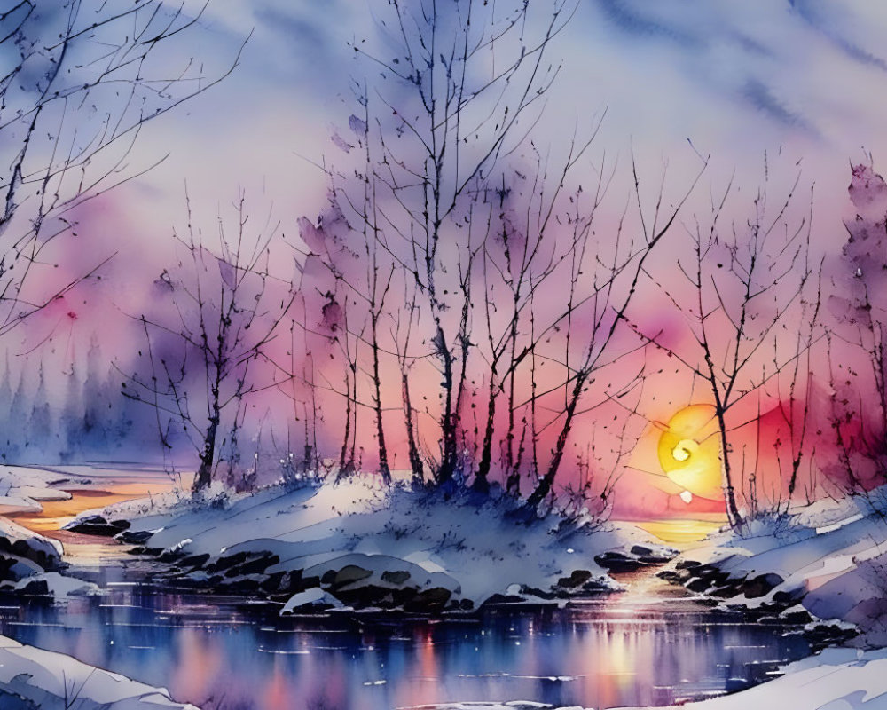 Winter Sunset Watercolor Painting with Stream and Snow-covered Landscape