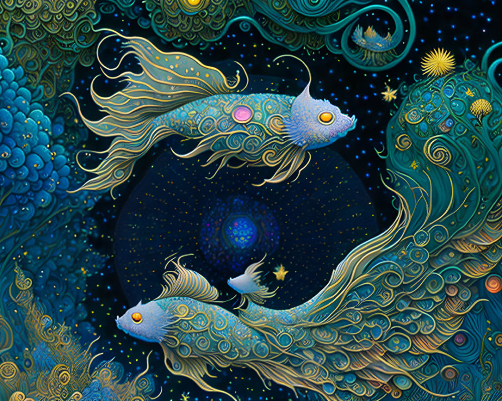 Colorful fish with intricate patterns in cosmic sea among stars.