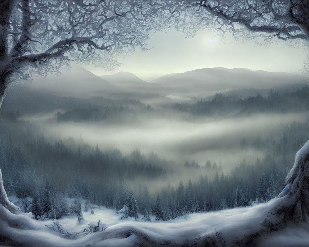 Snow-covered trees and misty hills in serene winter landscape