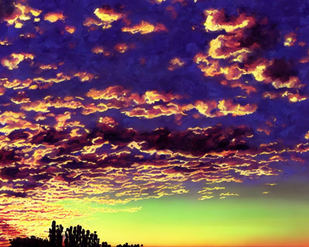 Colorful sunset with yellow to blue skies and pink clouds over silhouette landscape