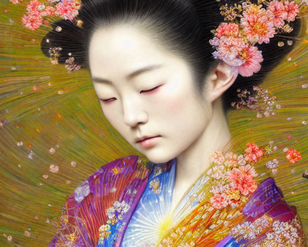 Traditional Japanese Kimono Woman with Floral Patterns and Halo of Blooming Flowers