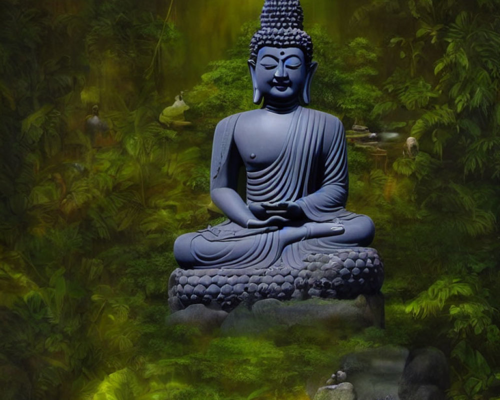 Meditating Buddha statue in lush green forest with orange flowers