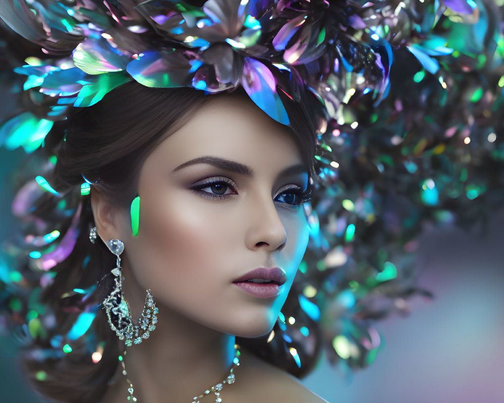 Woman with Iridescent Feather Headdress on Soft Blue Background