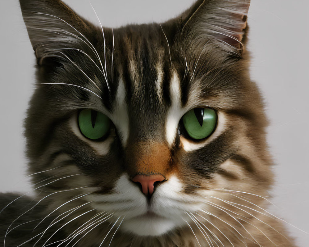 Tabby Cat with Striking Green Eyes and Prominent Whiskers