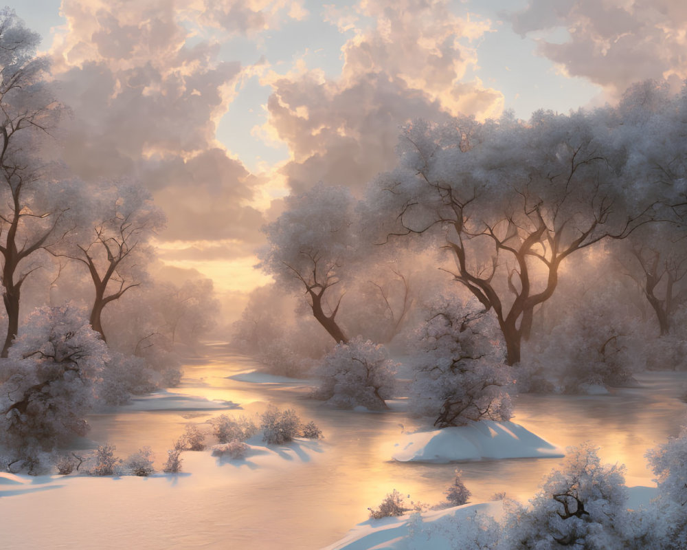 Snow-covered trees and frozen river in serene winter landscape