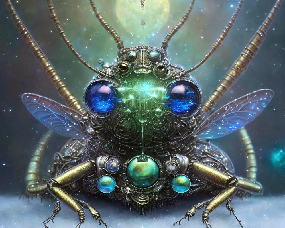 Detailed mechanical insect with glowing orbs and delicate wings in cosmic setting