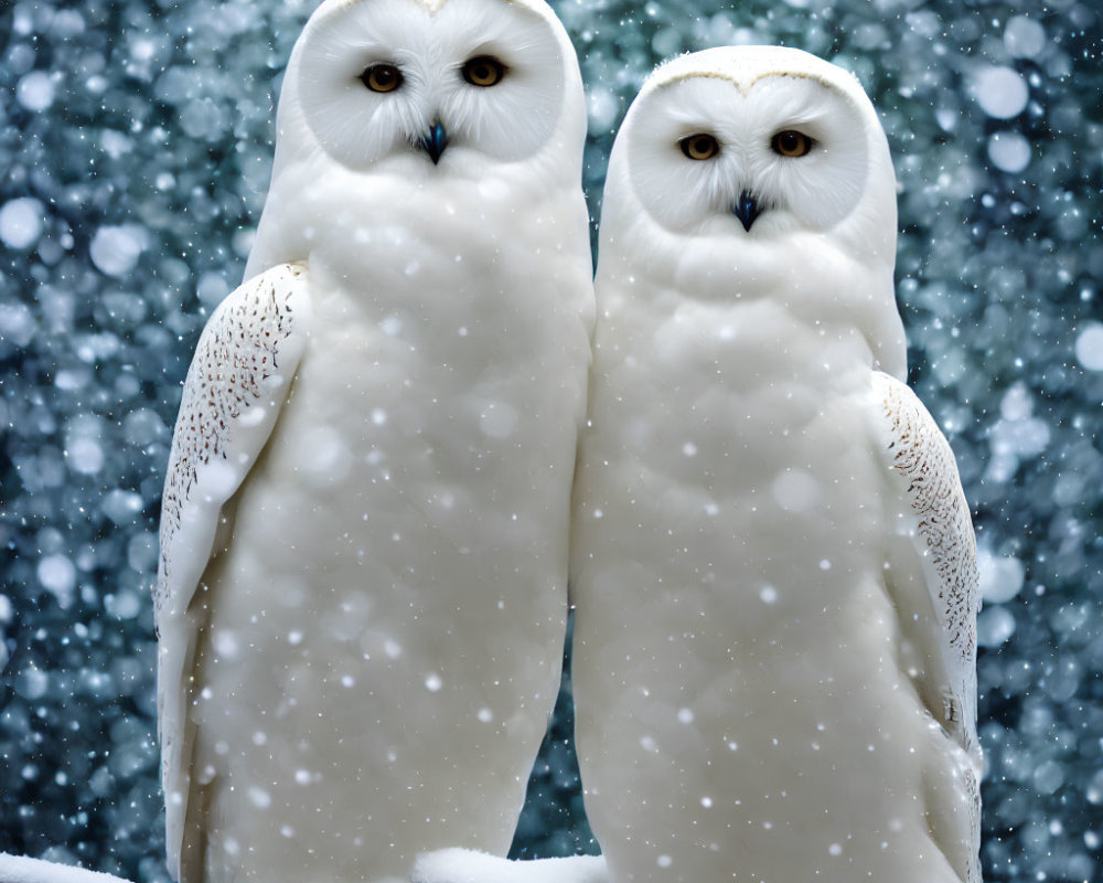 Snowy owls perched on branch in falling snowflakes