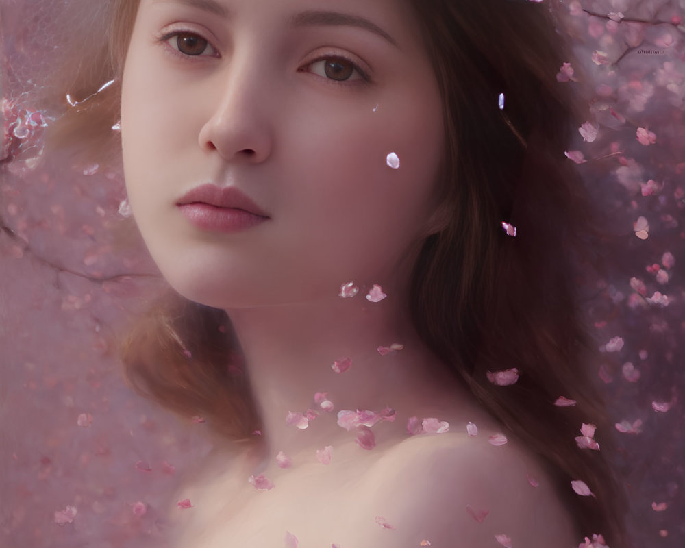 Woman portrait with pink cherry blossoms creating dreamy atmosphere