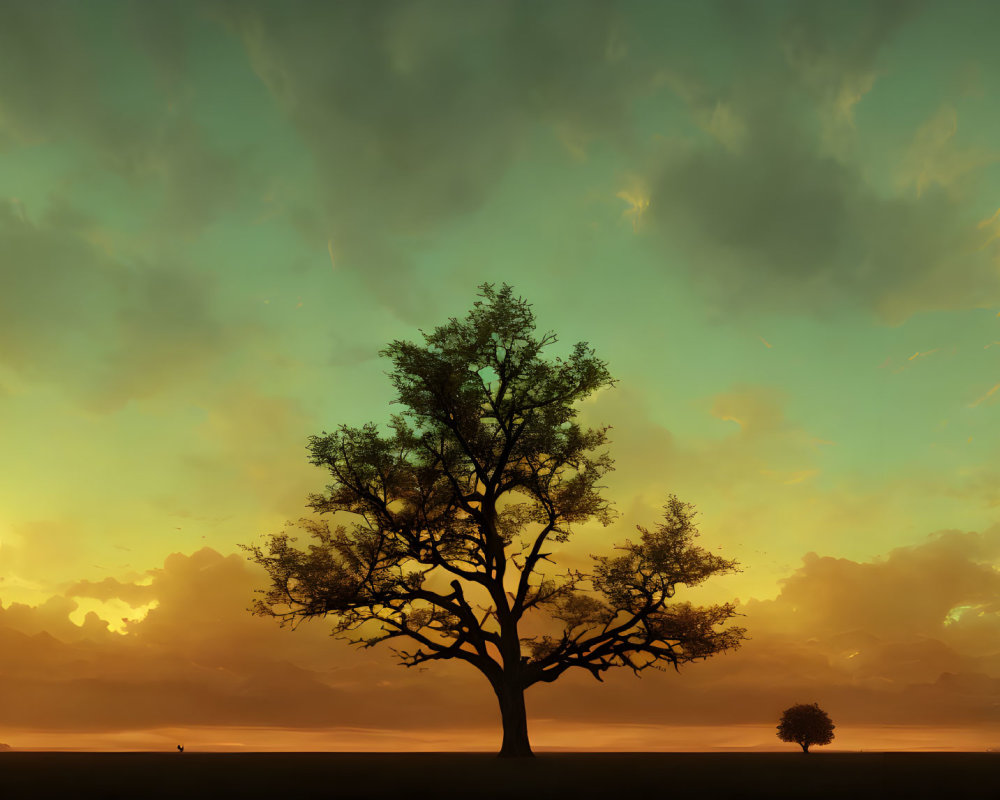 Solitary tree against dramatic sunset sky with visible sun and wispy clouds