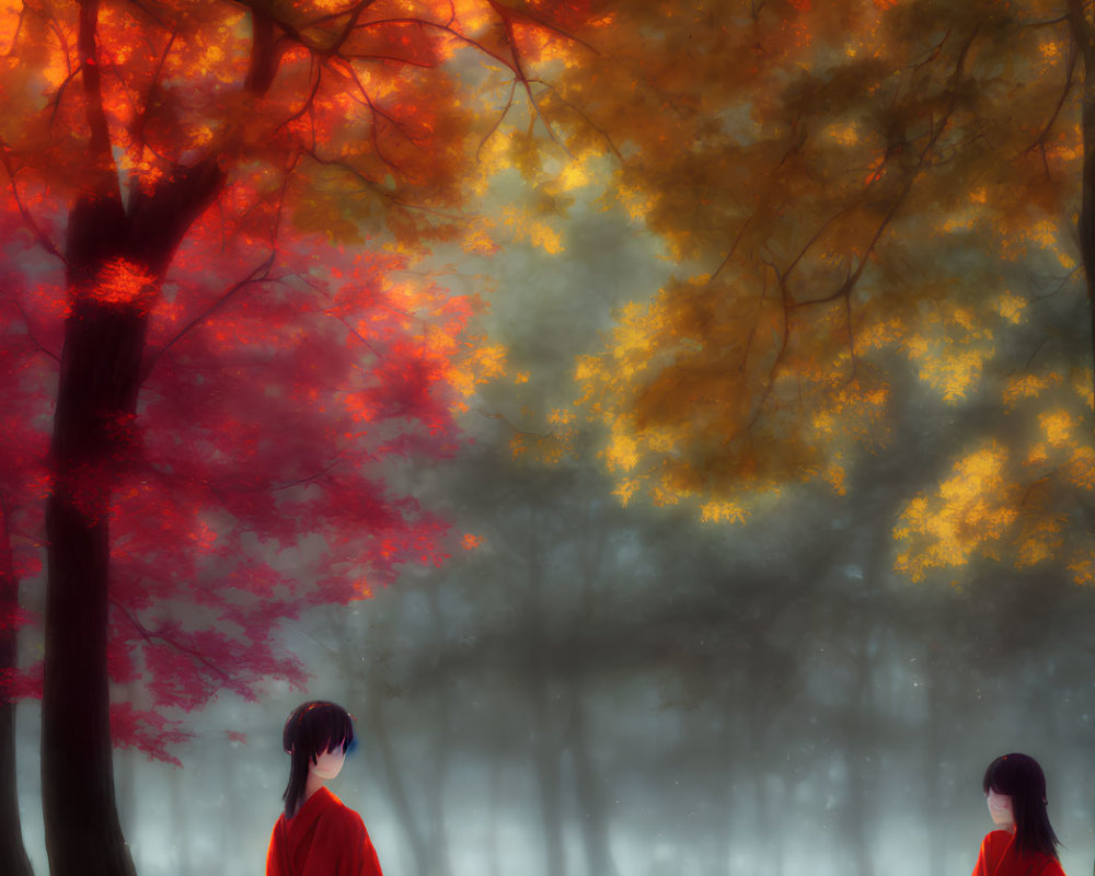 Mystical autumn forest with two figures in red