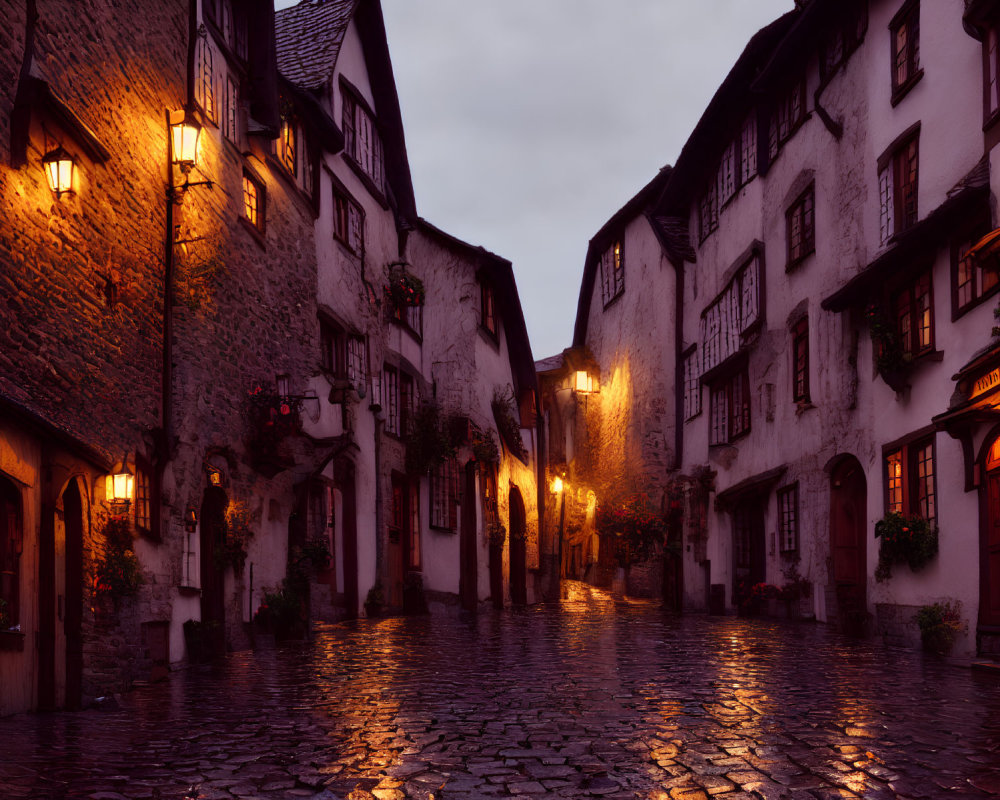 Quaint Cobblestone Alley at Twilight with Traditional Houses