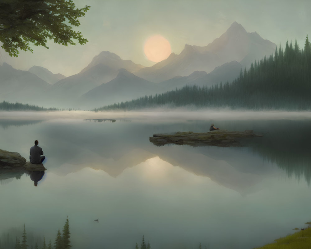 Misty lake landscape at sunrise with mountains, figures, and jumping fish