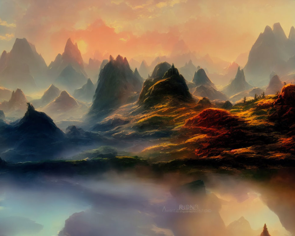 Misty mountains and glowing sunset in digital landscape