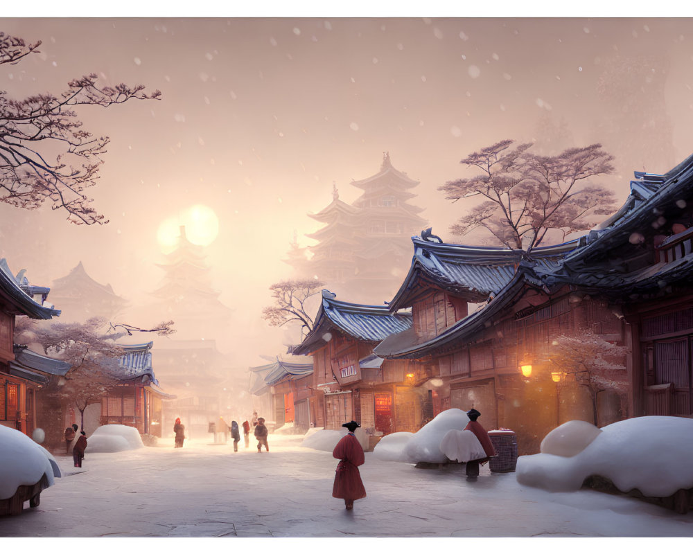 Snow-covered East Asian village in winter with glowing light