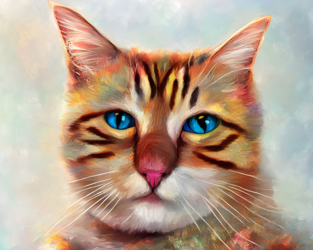 Vivid digital painting of orange-striped cat with blue eyes on light background