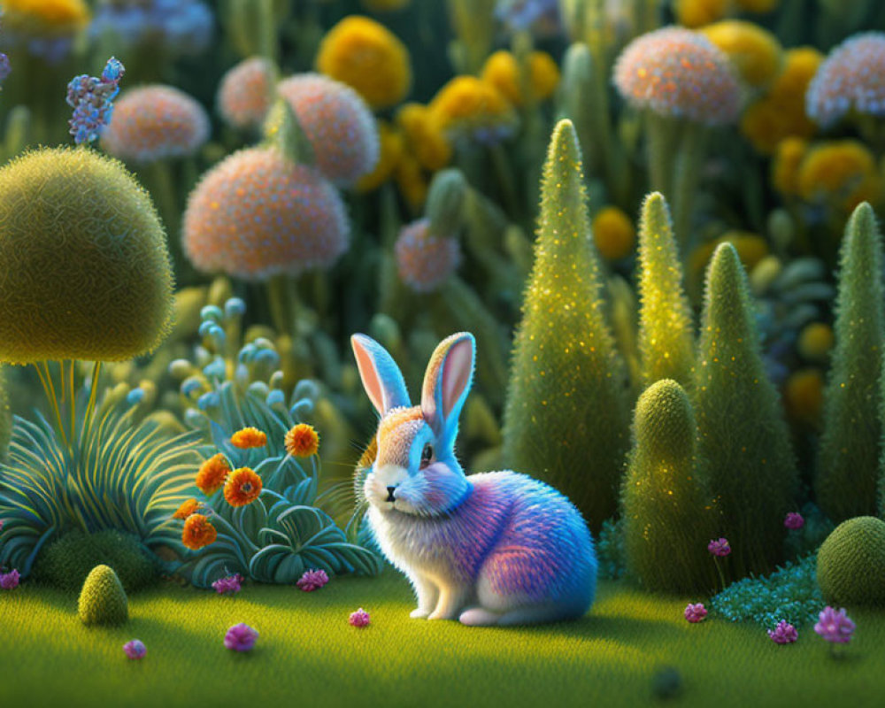 Whimsical garden illustration with blue and white rabbit among vibrant flora