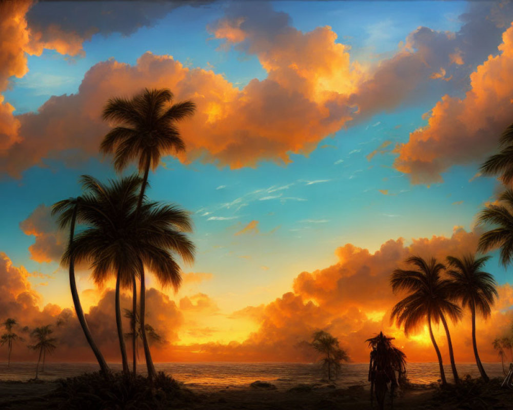 Scenic Tropical Beach Sunset with Silhouetted Palm Trees