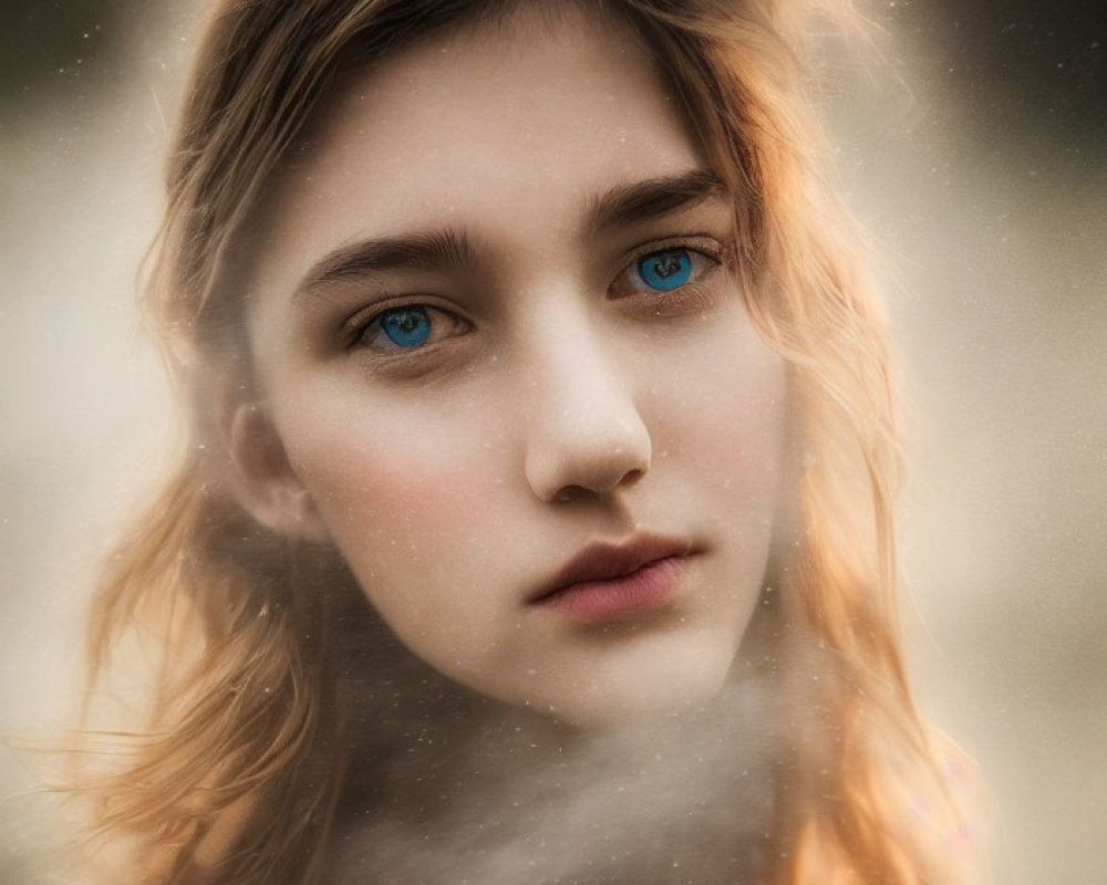 Young woman with blue eyes and wavy hair on soft blurred background.