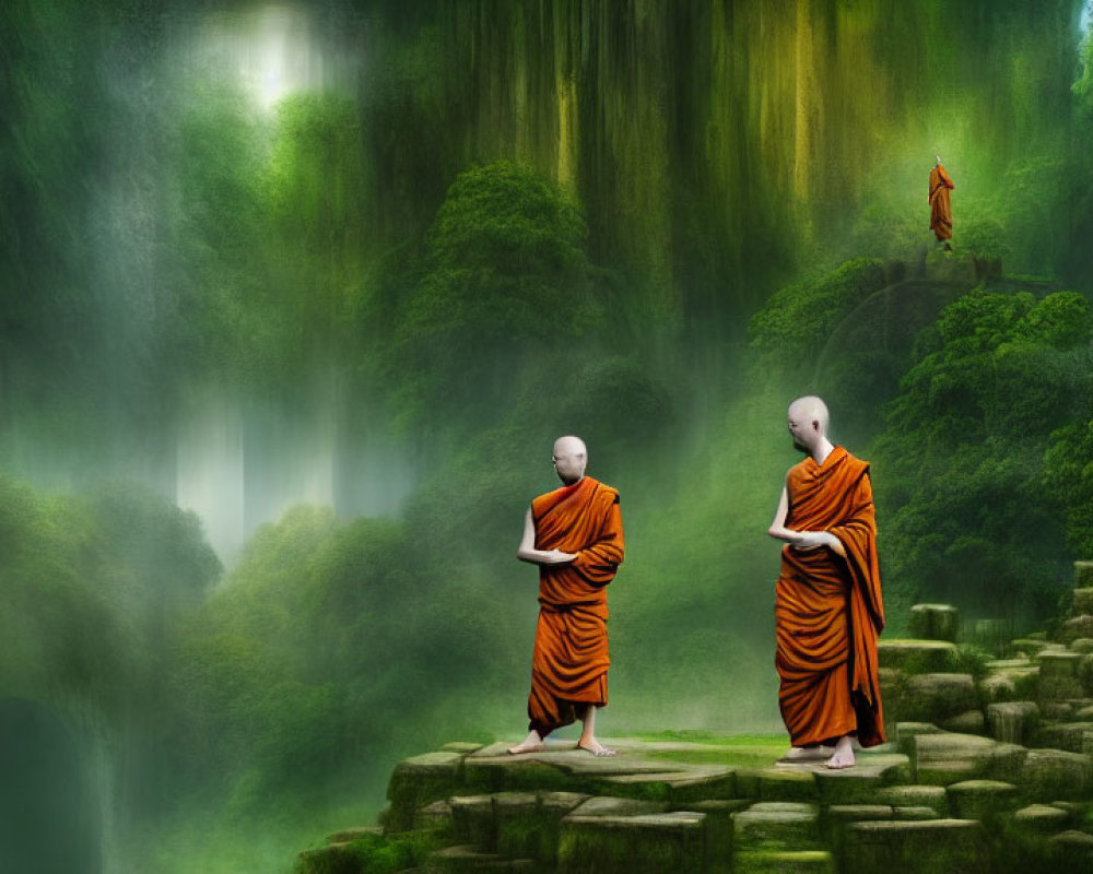 Orange-robed monks on mossy steps in lush forest with levitating figure