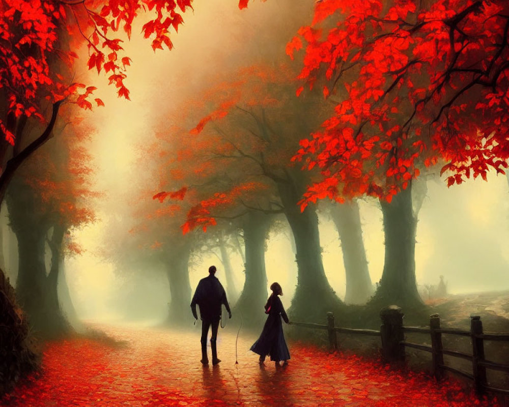 Couple walking on misty path with red autumn trees