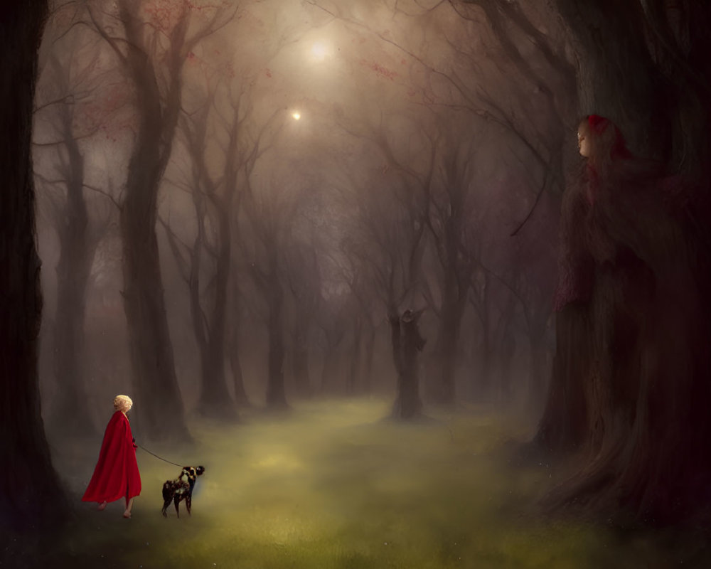 Blonde person in red cloak with dog in misty forest