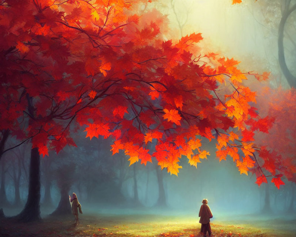 Autumn forest scene with red-leafed tree and figures walking.