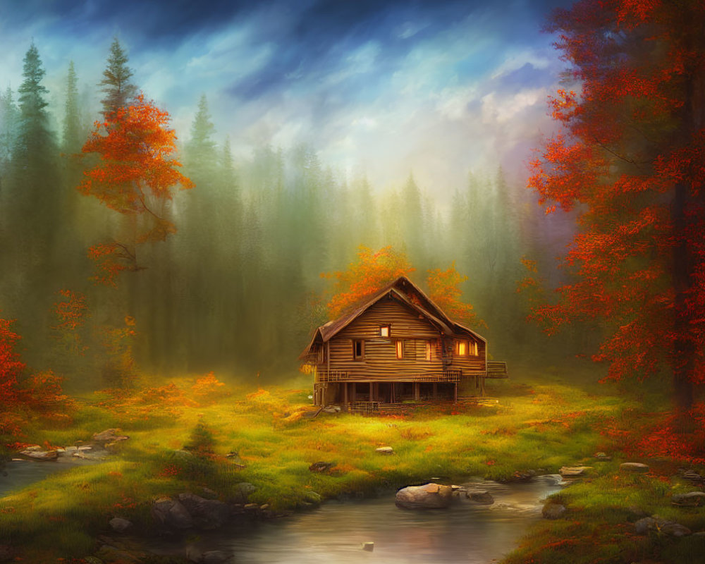 Autumn-themed wooden cabin in misty forest landscape