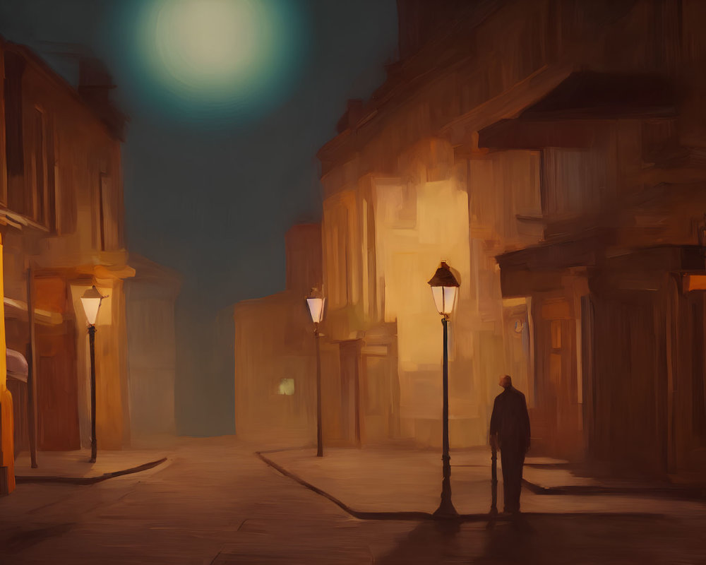 Figure by Street Lamp in Foggy City Street at Night with Glowing Moon