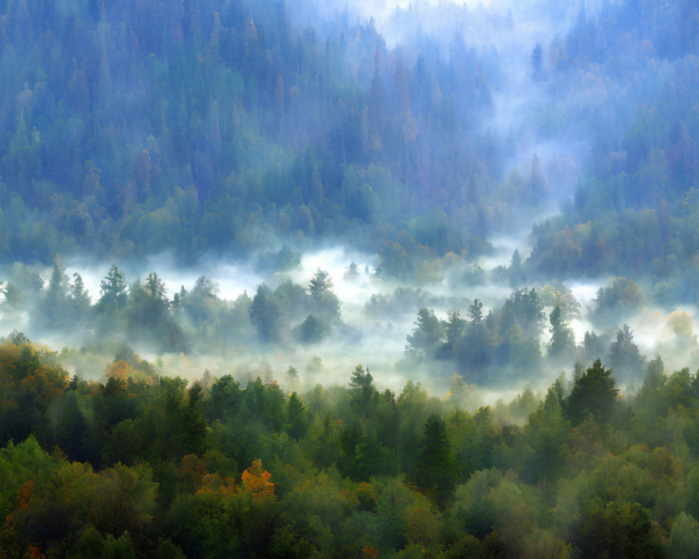 Lush Green Forest with Autumn Hues and Misty Atmosphere