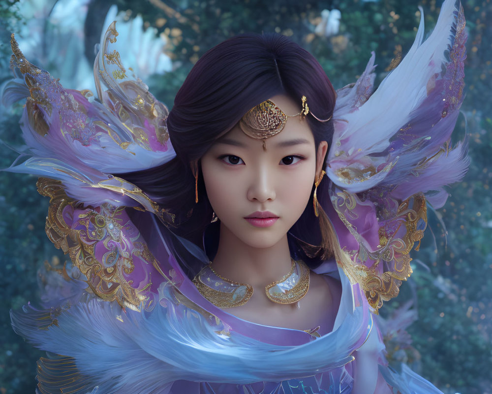 Digital portrait of young woman in ornate golden jewelry and purple feathered attire.