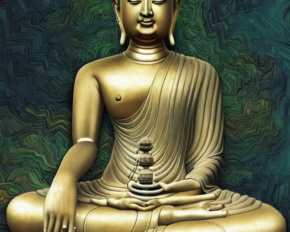 Golden Buddha Statue Meditating on Green Textured Background