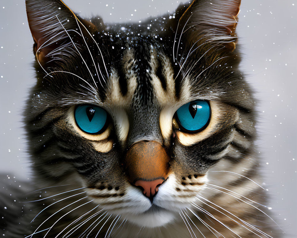 Tabby cat with blue eyes and snowflakes in snowy setting