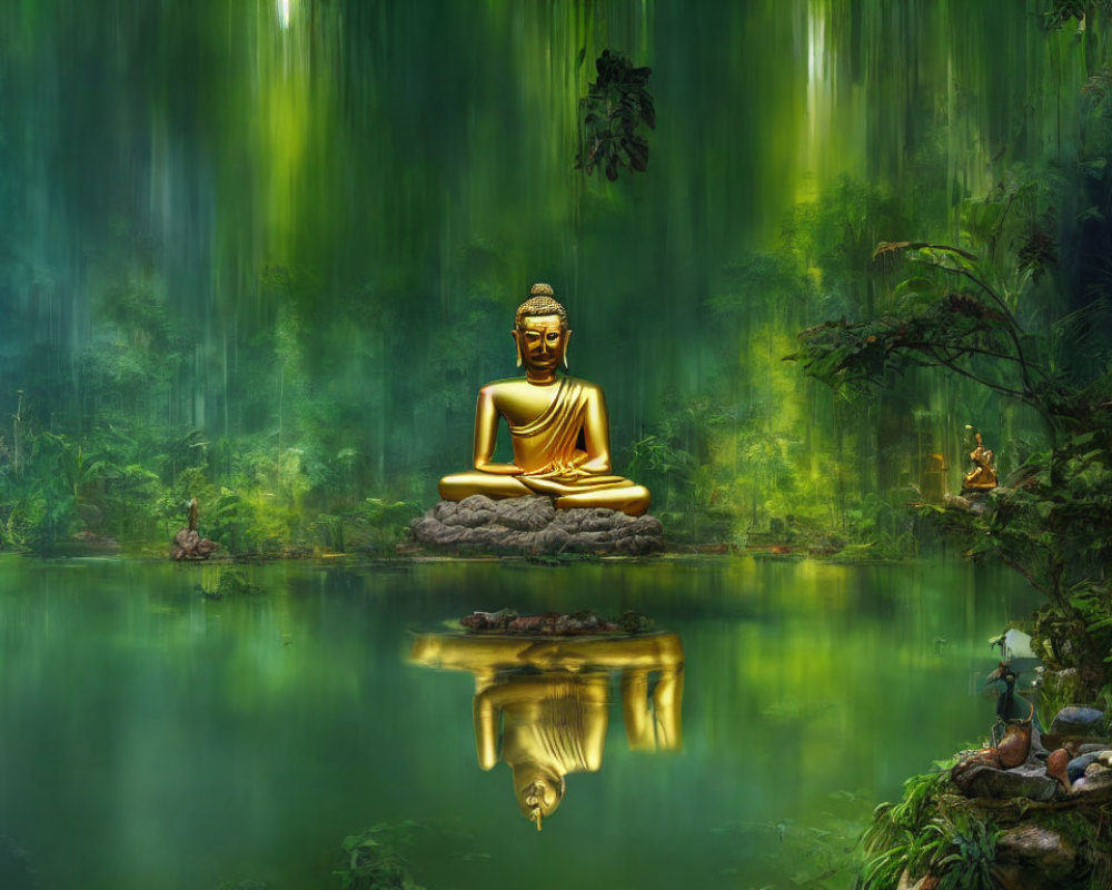 Golden Buddha statue meditating by forest pond with lush greenery