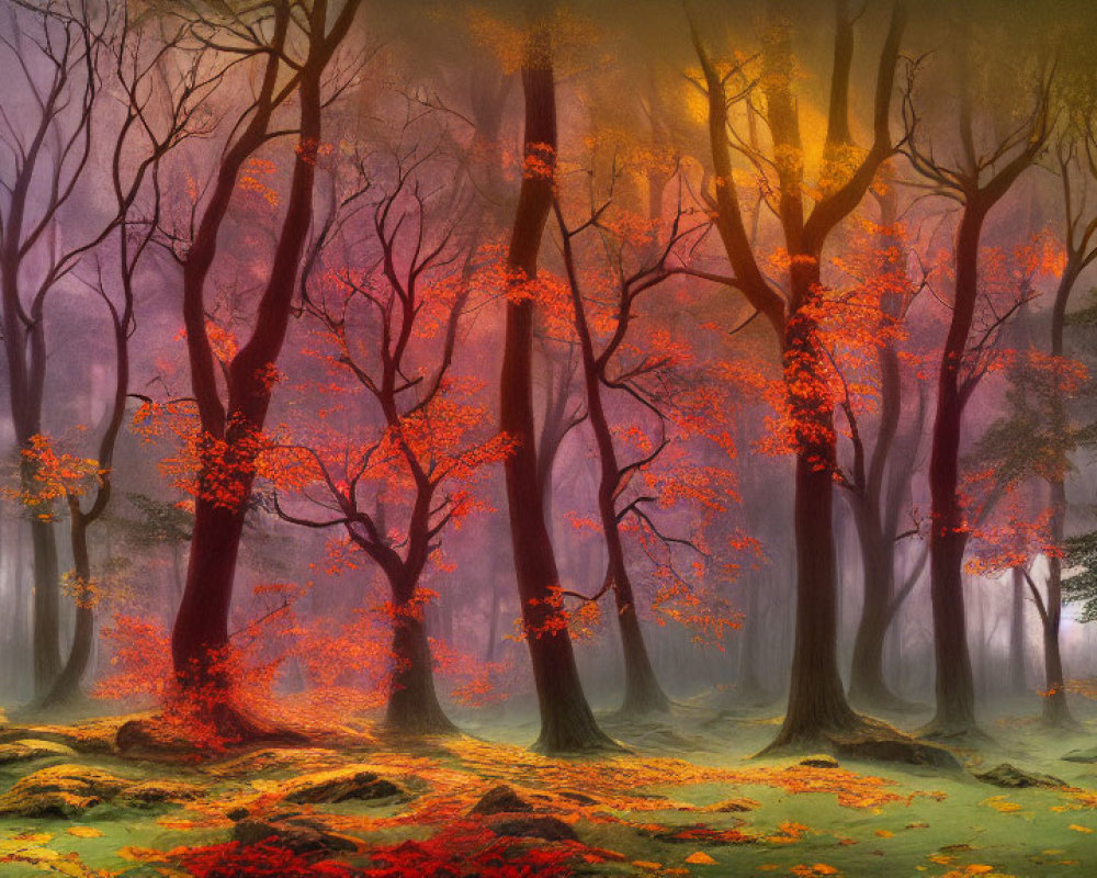 Autumn forest with tall trees in misty atmosphere