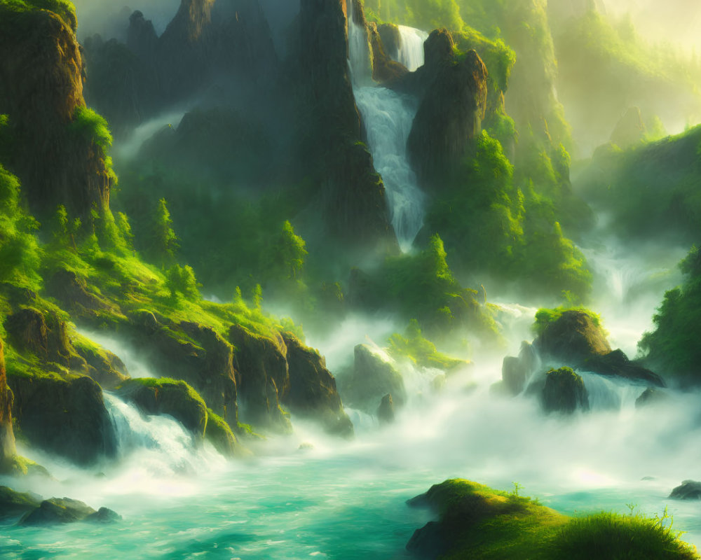 Scenic green landscape with cascading waterfalls and sunlight filtering through foliage