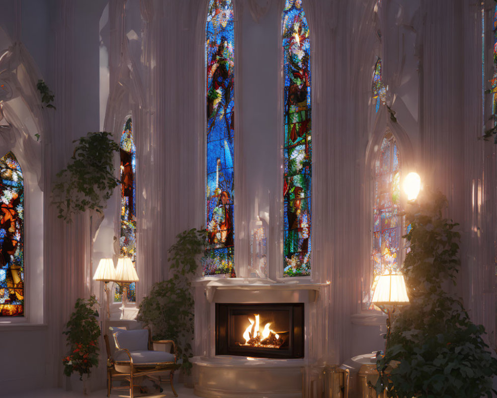 Gothic architecture room with fireplace, stained glass windows, plants, cozy seating