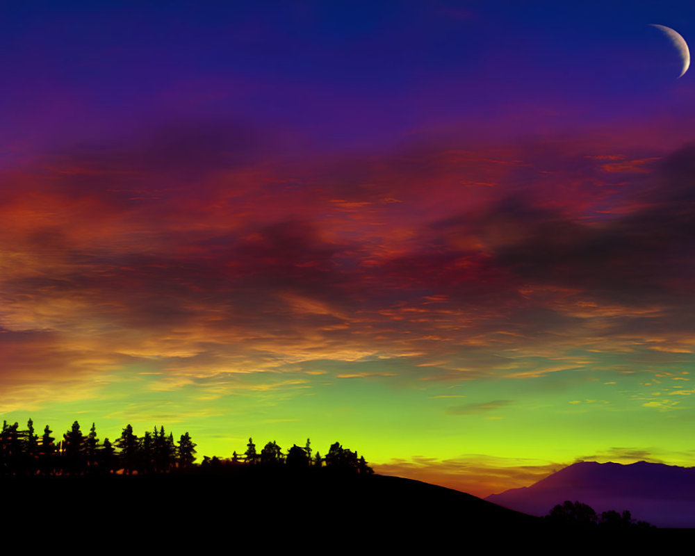 Colorful sunset with silhouetted trees, crescent moon in twilight sky